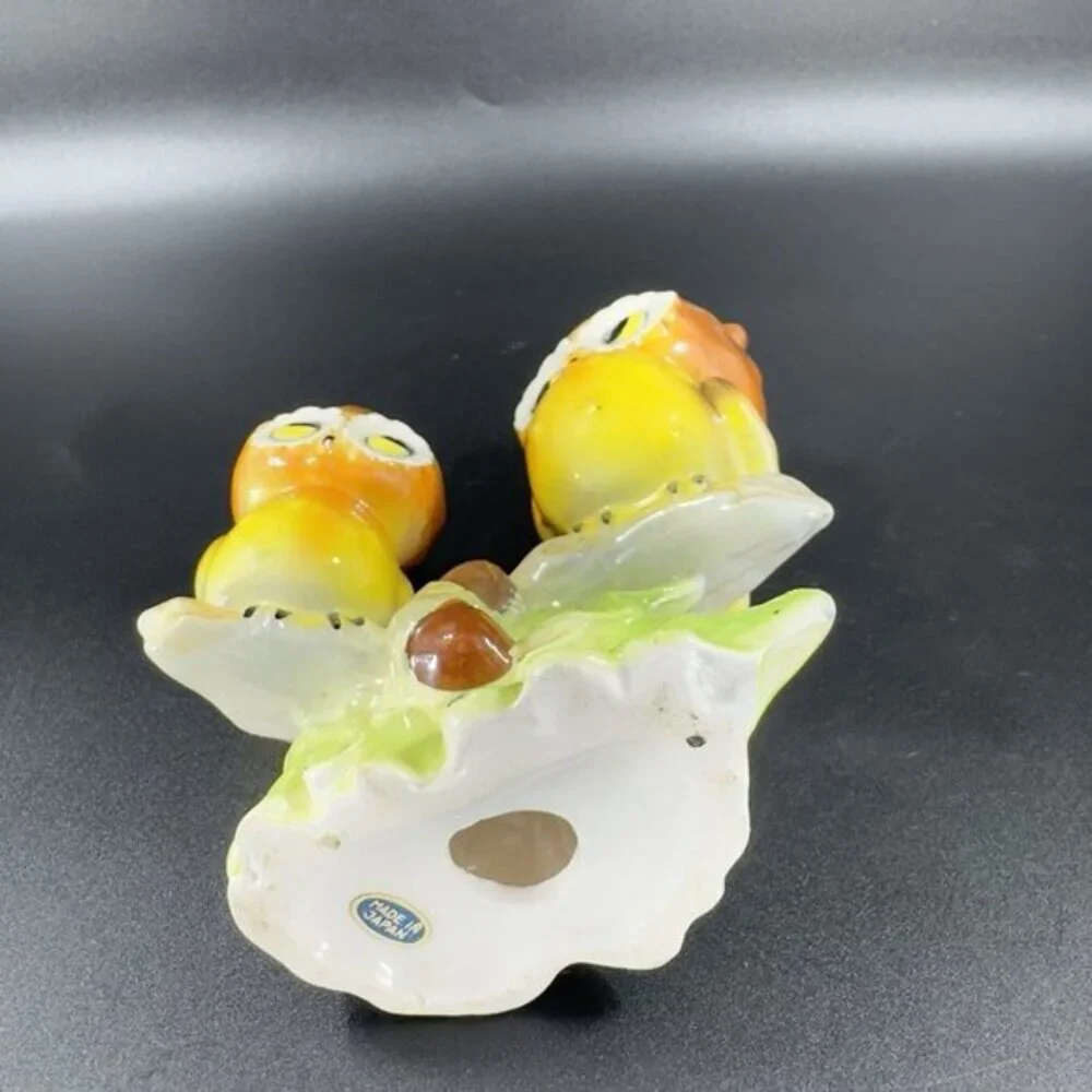 Vintage Norcrest Two Big Eye Owls On A Branch with Acorns Figurine Japan Ceramic